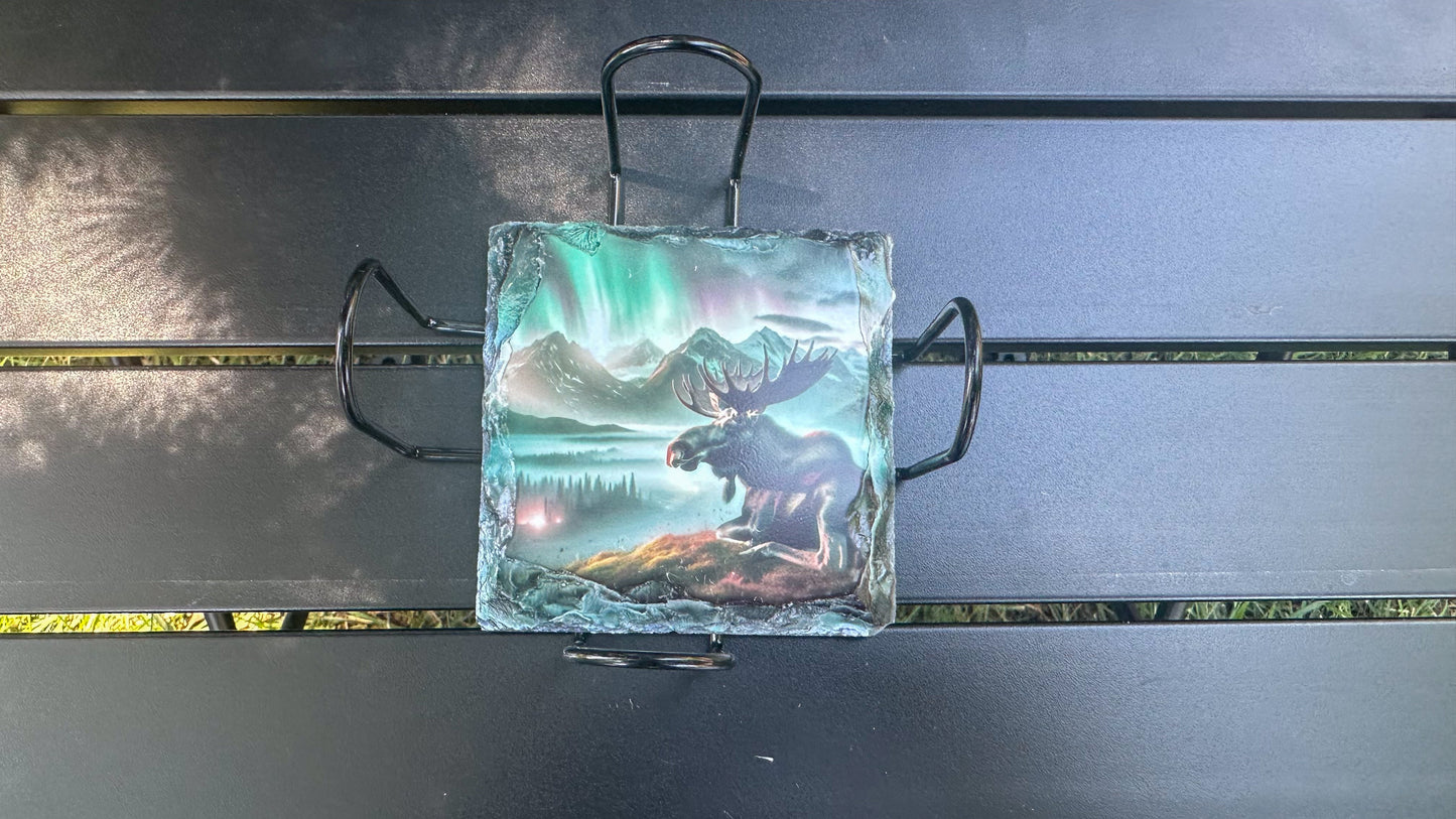 Moose Slate Coaster Set - 4 Unique Northern Lights Coasters for Moose Lovers