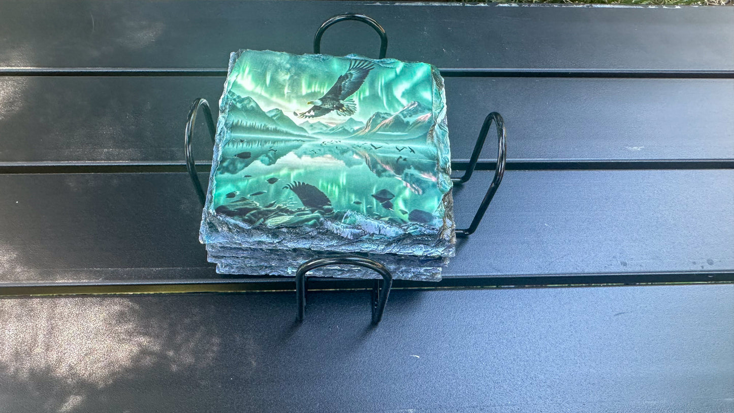 Eagle Slate Coaster Set of 4 with Northern Lights - Ideal Gift for Eagle Enthusiasts