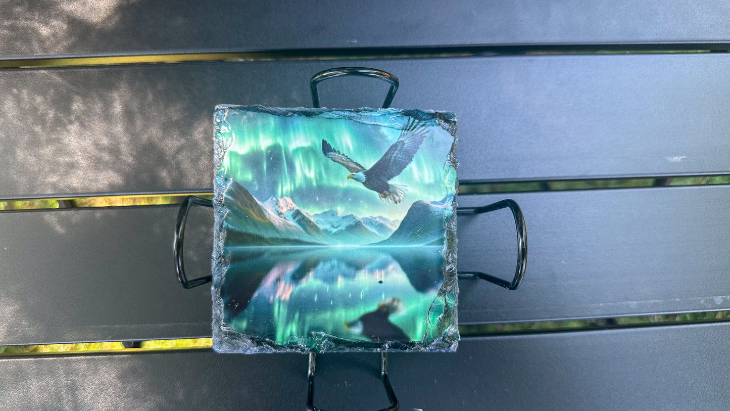 Eagle Slate Coaster Set of 4 with Northern Lights - Ideal Gift for Eagle Enthusiasts