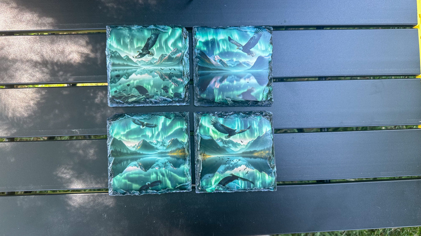 Eagle Slate Coaster Set of 4 with Northern Lights - Ideal Gift for Eagle Enthusiasts