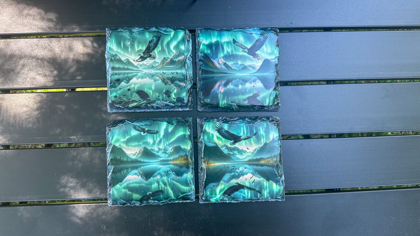 Eagle Slate Coaster Set of 4 with Northern Lights - Ideal Gift for Eagle Enthusiasts