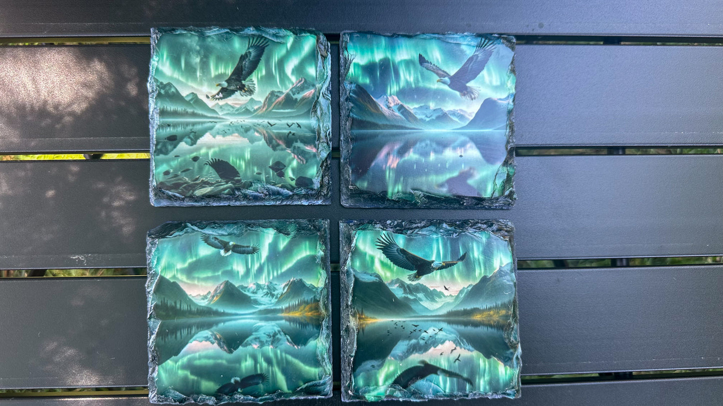 Eagle Slate Coaster Set of 4 with Northern Lights - Ideal Gift for Eagle Enthusiasts