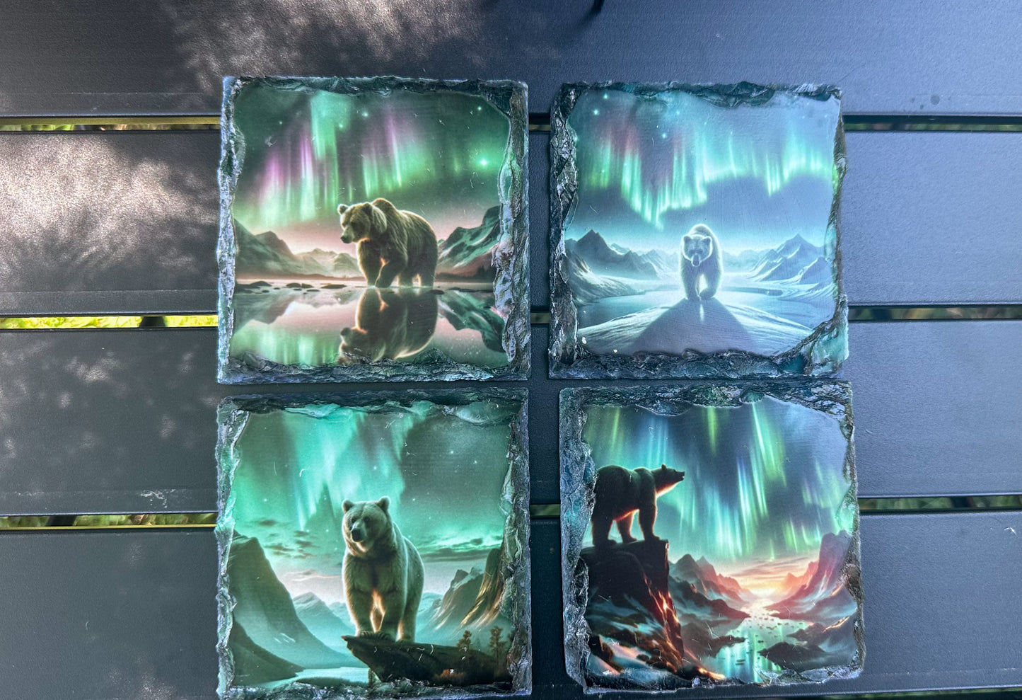 Slate Coasters Set of 4 with Northern Lights Bear Design - Ideal Gift for Bear Lovers
