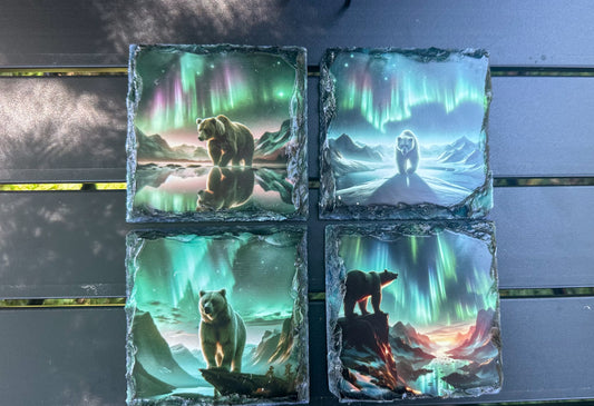 Slate Coasters Set of 4 with Northern Lights Bear Design - Ideal Gift for Bear Lovers