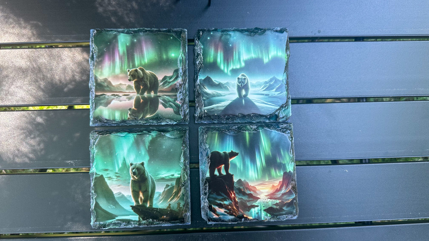 Slate Coasters Set of 4 with Northern Lights Bear Design - Ideal Gift for Bear Lovers