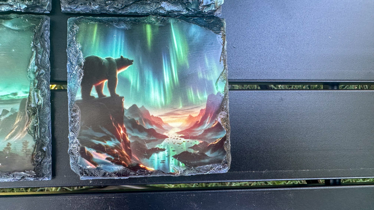 Slate Coasters Set of 4 with Northern Lights Bear Design - Ideal Gift for Bear Lovers