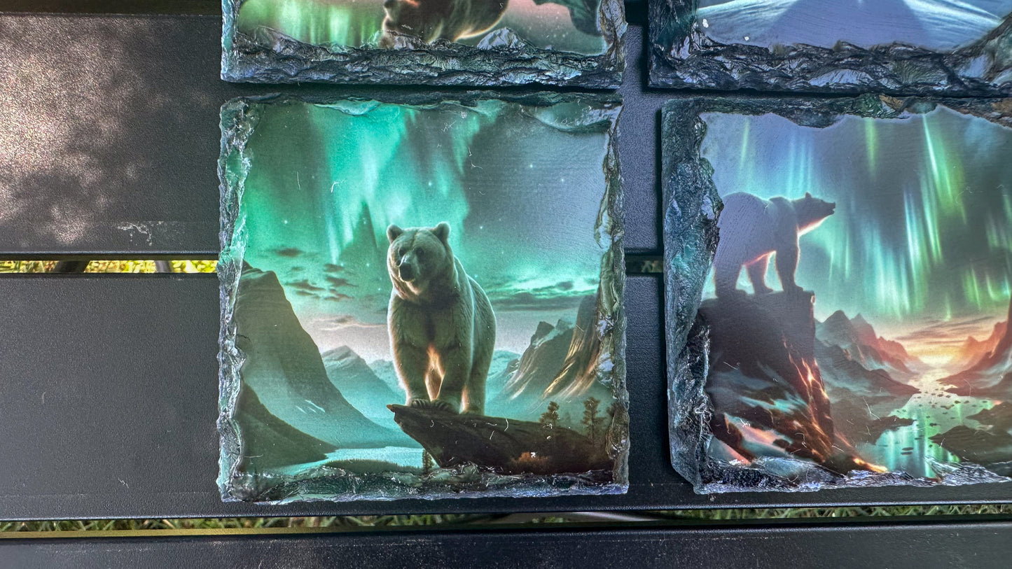 Slate Coasters Set of 4 with Northern Lights Bear Design - Ideal Gift for Bear Lovers