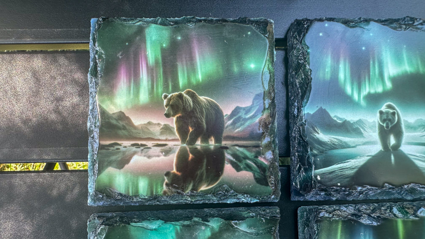 Slate Coasters Set of 4 with Northern Lights Bear Design - Ideal Gift for Bear Lovers