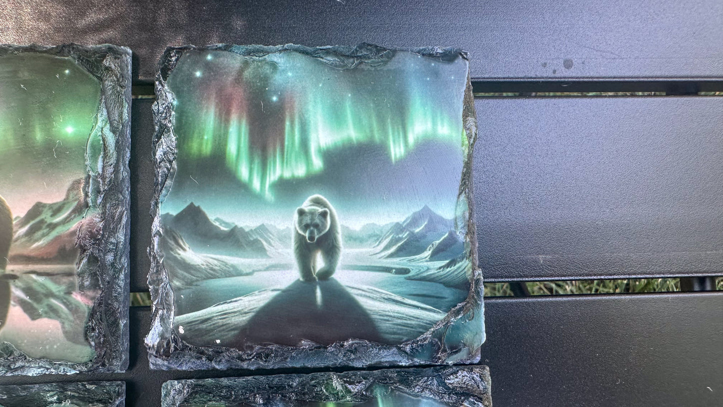 Slate Coasters Set of 4 with Northern Lights Bear Design - Ideal Gift for Bear Lovers