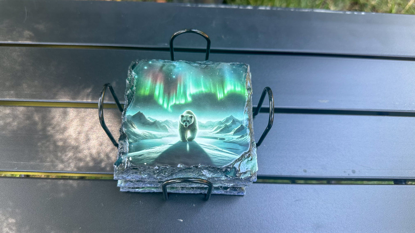 Slate Coasters Set of 4 with Northern Lights Bear Design - Ideal Gift for Bear Lovers