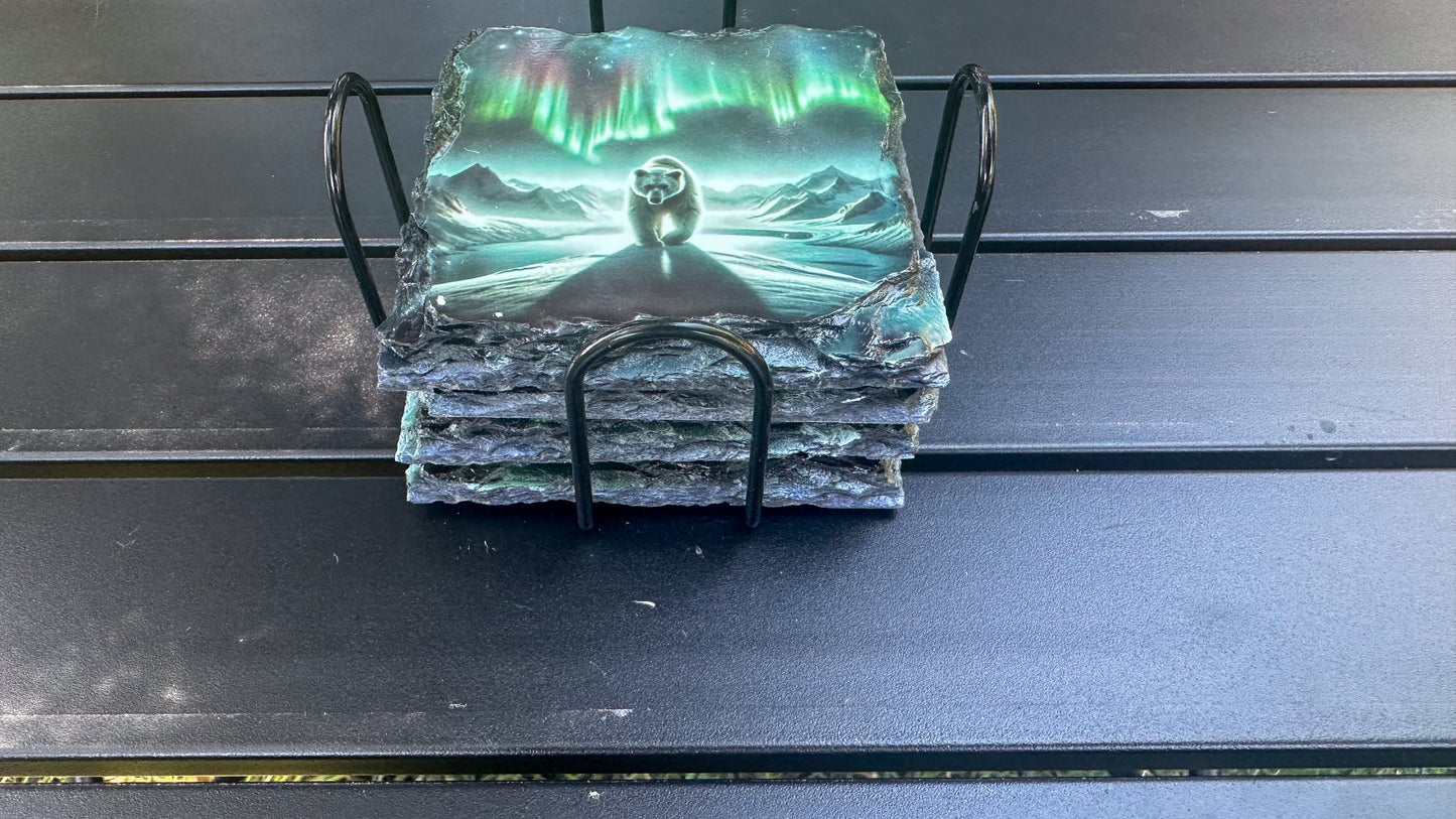 Slate Coasters Set of 4 with Northern Lights Bear Design - Ideal Gift for Bear Lovers