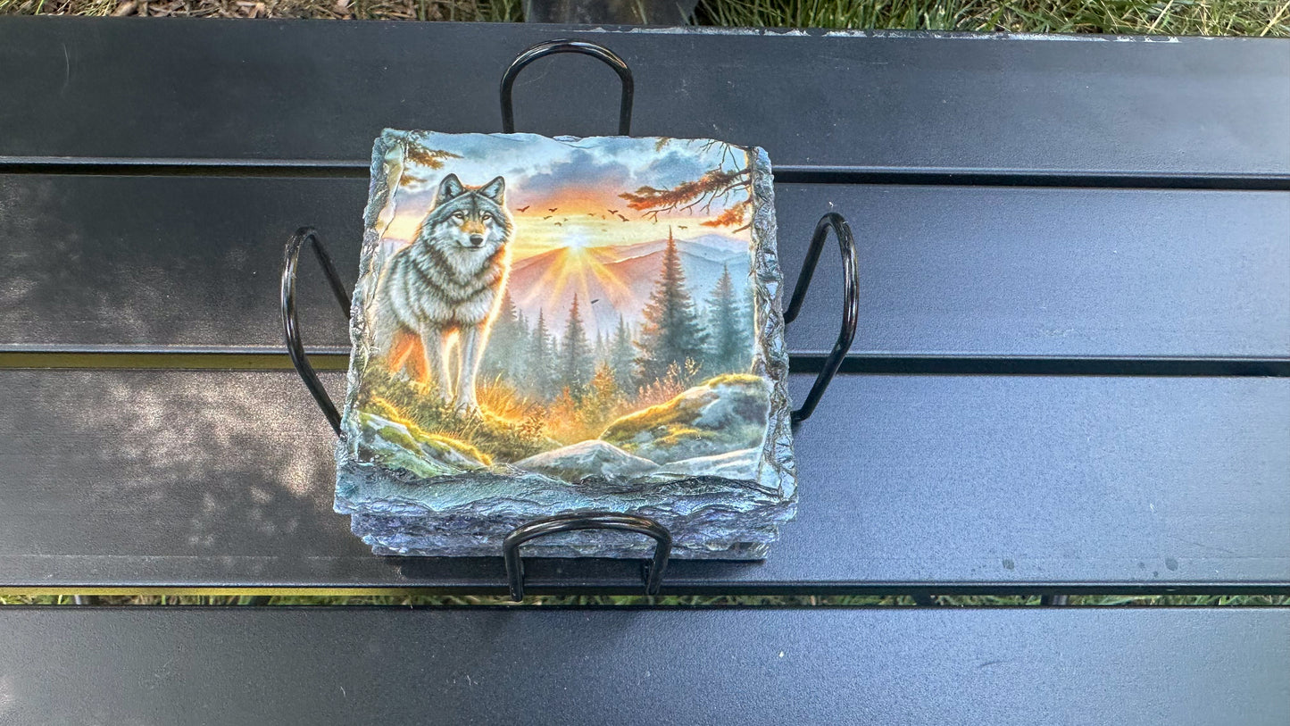 Wolf Mountain Sunset Coaster Set - Set of 4 Coasters for Wolf Lovers Ideal Gift