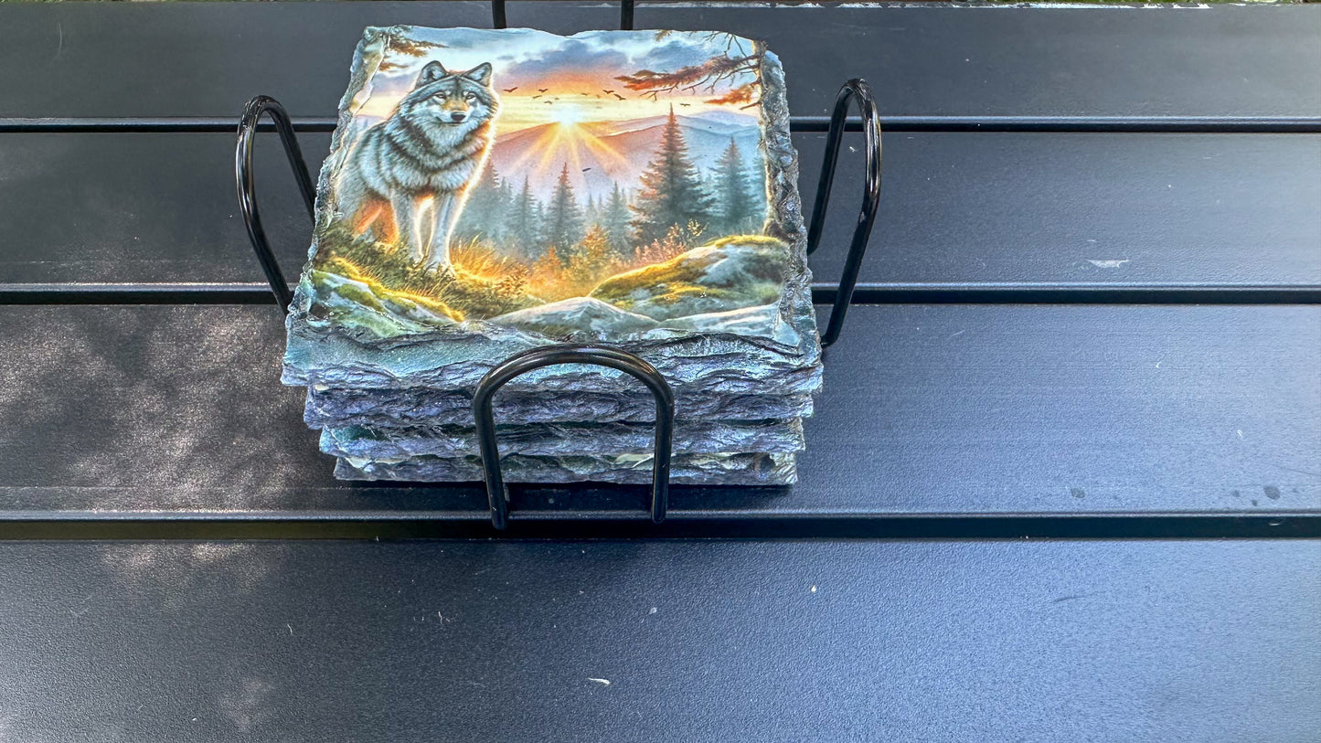 Wolf Mountain Sunset Coaster Set - Set of 4 Coasters for Wolf Lovers Ideal Gift