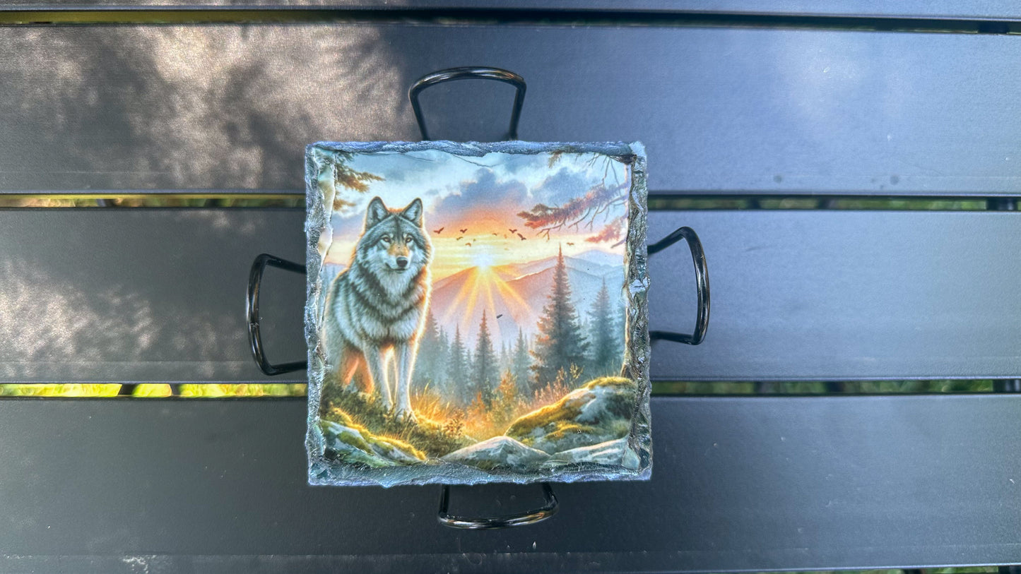 Wolf Mountain Sunset Coaster Set - Set of 4 Coasters for Wolf Lovers Ideal Gift