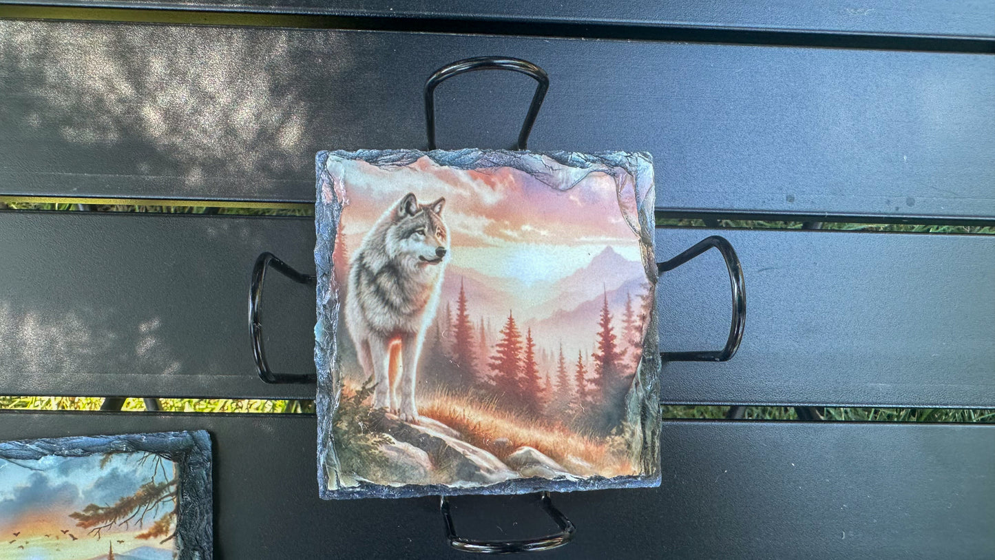 Wolf Mountain Sunset Coaster Set - Set of 4 Coasters for Wolf Lovers Ideal Gift