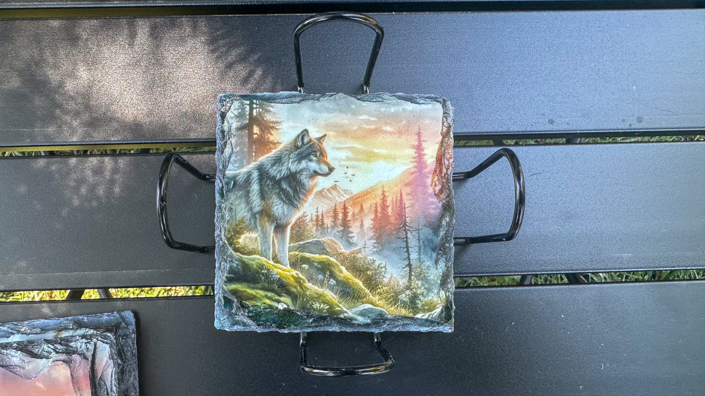 Wolf Mountain Sunset Coaster Set - Set of 4 Coasters for Wolf Lovers Ideal Gift
