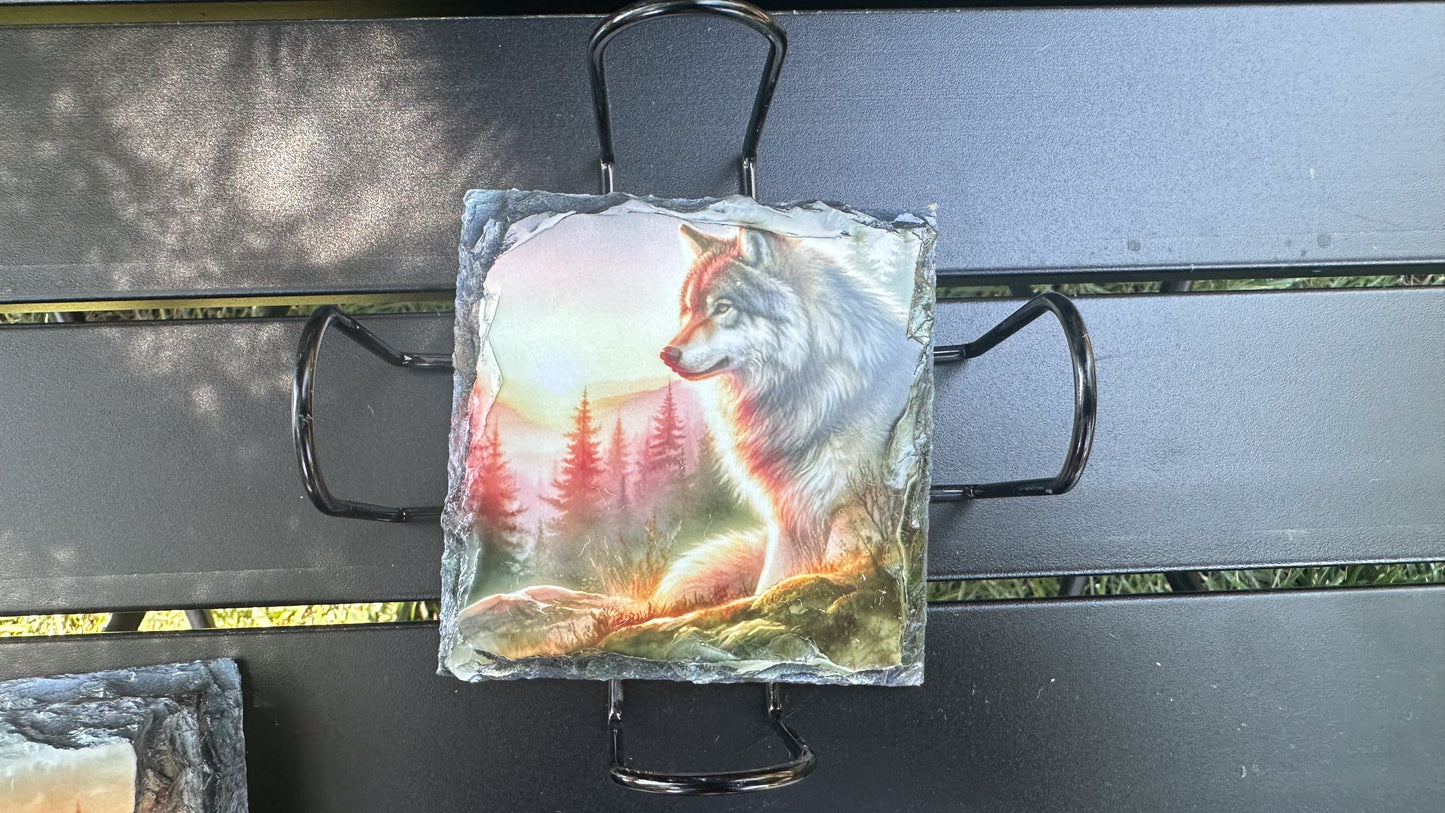 Wolf Mountain Sunset Coaster Set - Set of 4 Coasters for Wolf Lovers Ideal Gift