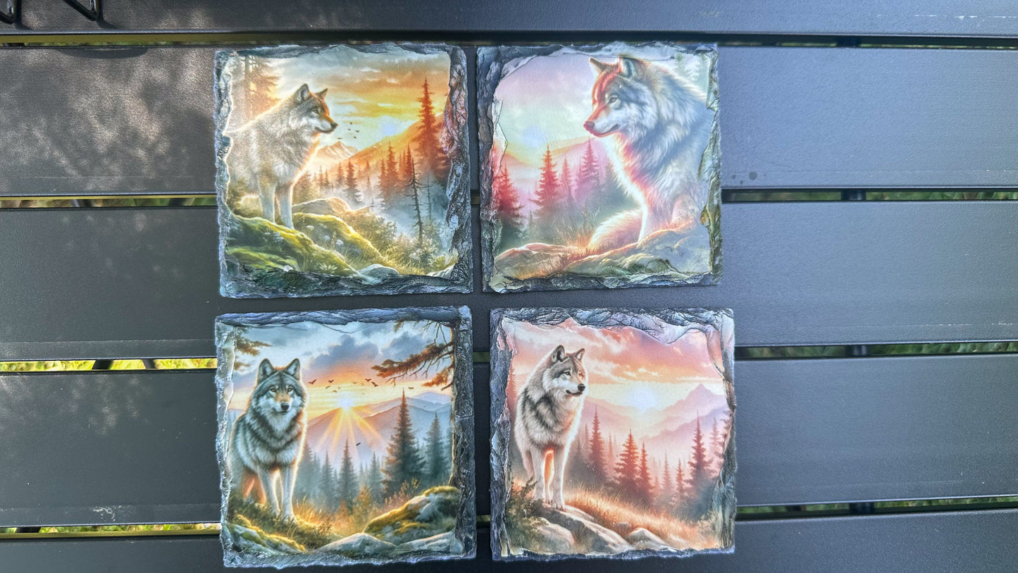 Wolf Mountain Sunset Coaster Set - Set of 4 Coasters for Wolf Lovers Ideal Gift