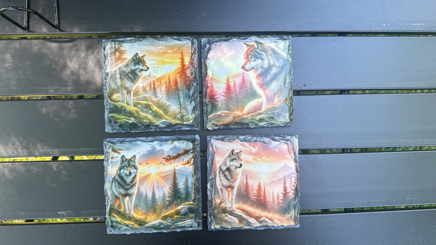 Wolf Mountain Sunset Coaster Set - Set of 4 Coasters for Wolf Lovers Ideal Gift