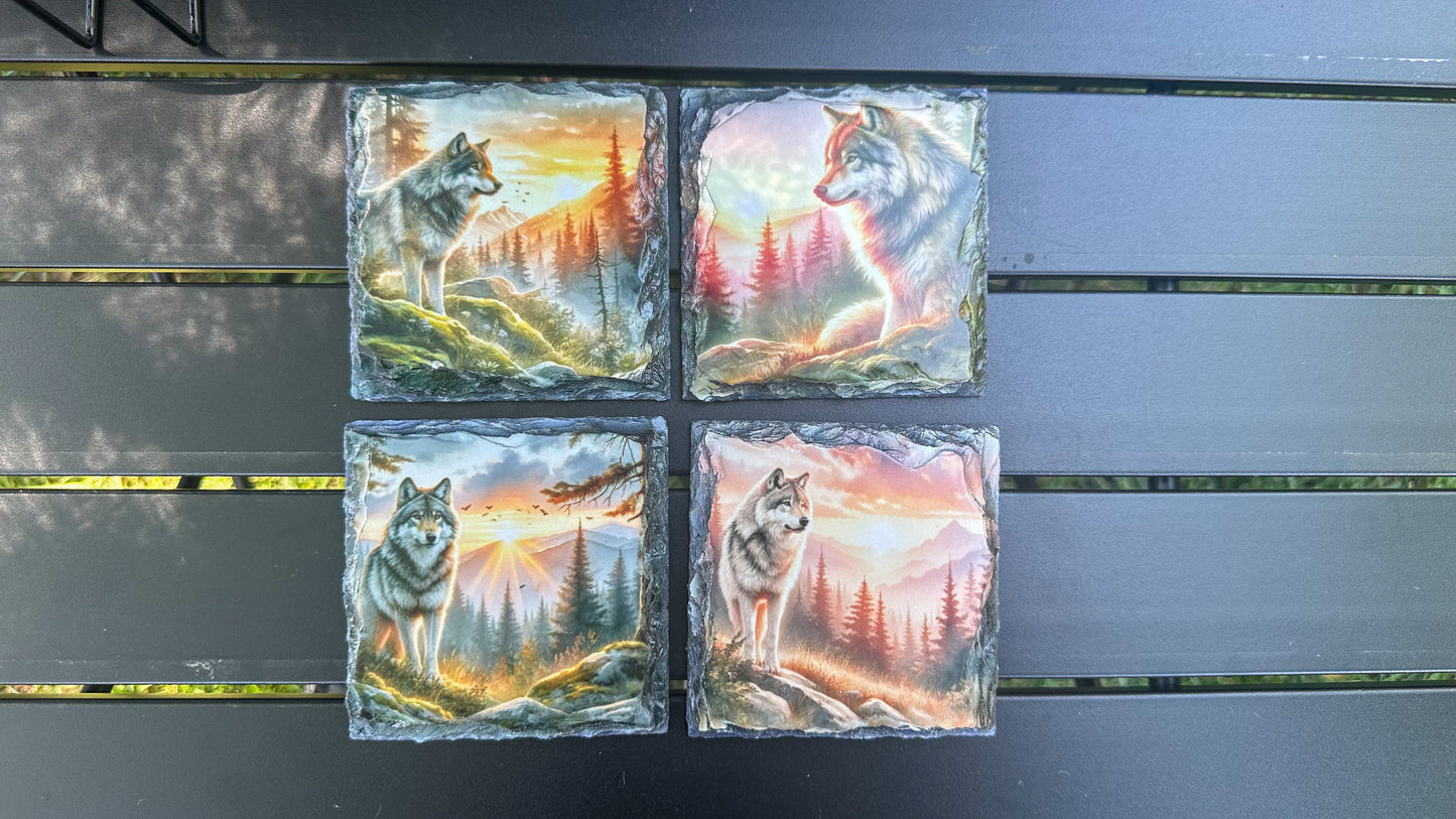 Wolf Mountain Sunset Coaster Set - Set of 4 Coasters for Wolf Lovers Ideal Gift