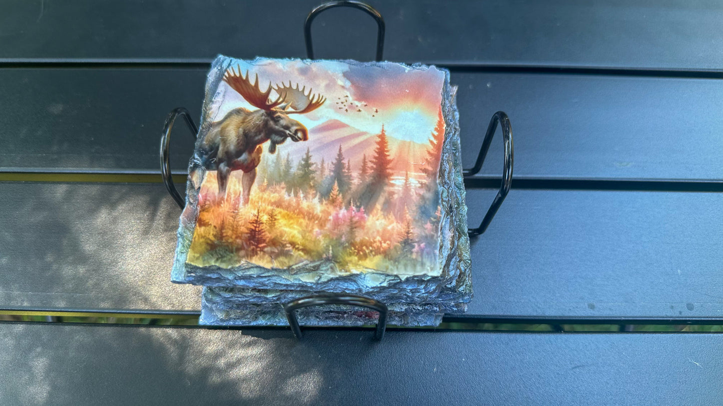 Moose Sunset Scene Slate Coasters - Set of 4 for Moose Lovers Outdoor Enthusiasts