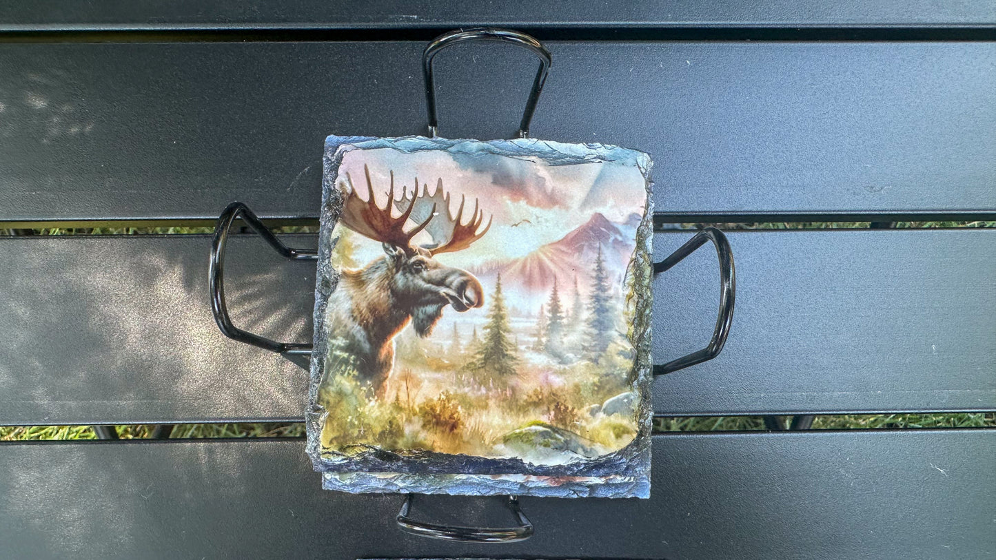 Moose Sunset Scene Slate Coasters - Set of 4 for Moose Lovers Outdoor Enthusiasts