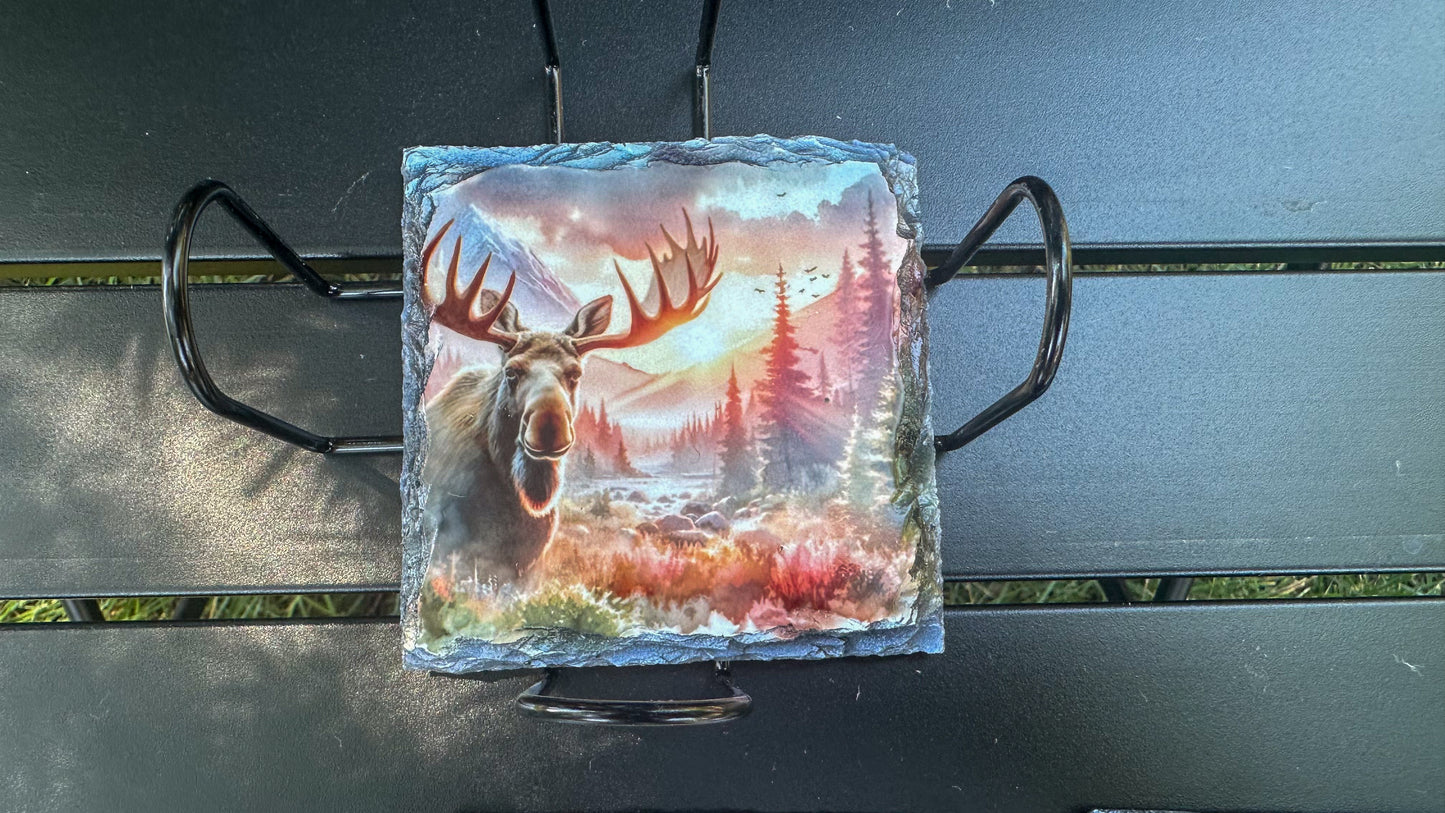 Moose Sunset Scene Slate Coasters - Set of 4 for Moose Lovers Outdoor Enthusiasts