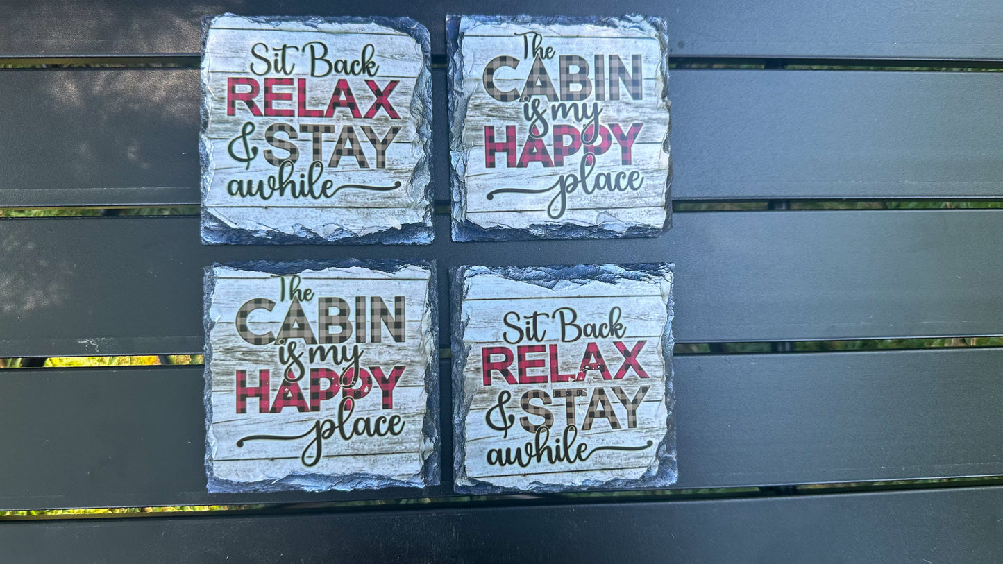 Slate Coaster Set of 4 - The Cabin Is My Happy Place - Ideal Housewarming Gift for Cabin Enthusiasts