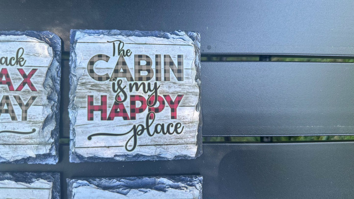 Slate Coaster Set of 4 - The Cabin Is My Happy Place - Ideal Housewarming Gift for Cabin Enthusiasts