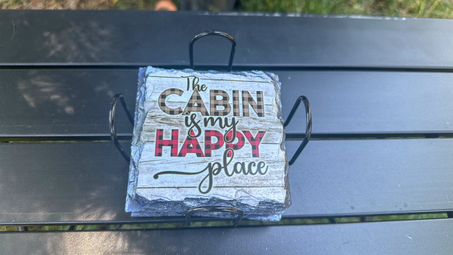 Slate Coaster Set of 4 - The Cabin Is My Happy Place - Ideal Housewarming Gift for Cabin Enthusiasts