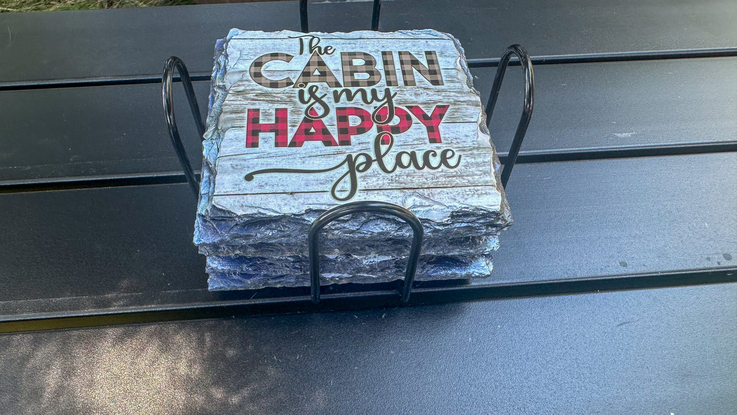Slate Coaster Set of 4 - The Cabin Is My Happy Place - Ideal Housewarming Gift for Cabin Enthusiasts