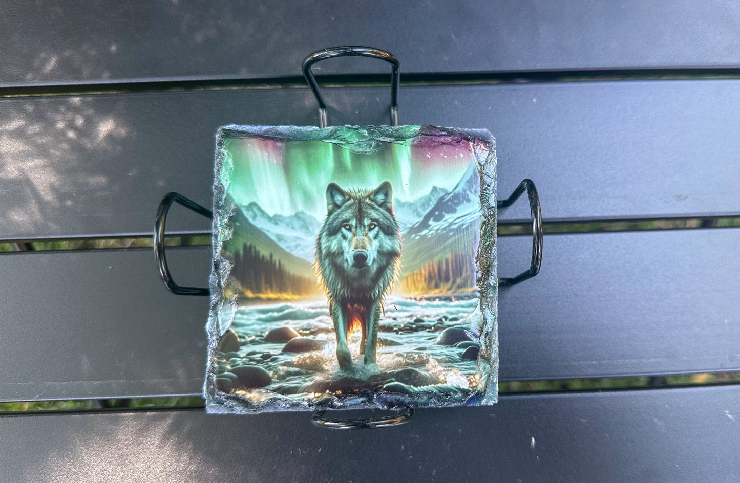 Northern Lights Wolf Coaster Set - 4 Slate Coasters for Wolf Lovers