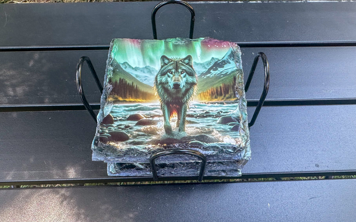 Northern Lights Wolf Coaster Set - 4 Slate Coasters for Wolf Lovers