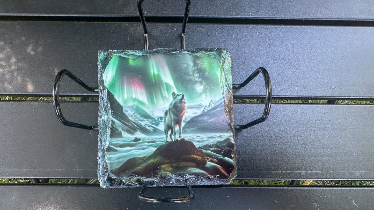 Northern Lights Wolf Coaster Set - 4 Slate Coasters for Wolf Lovers