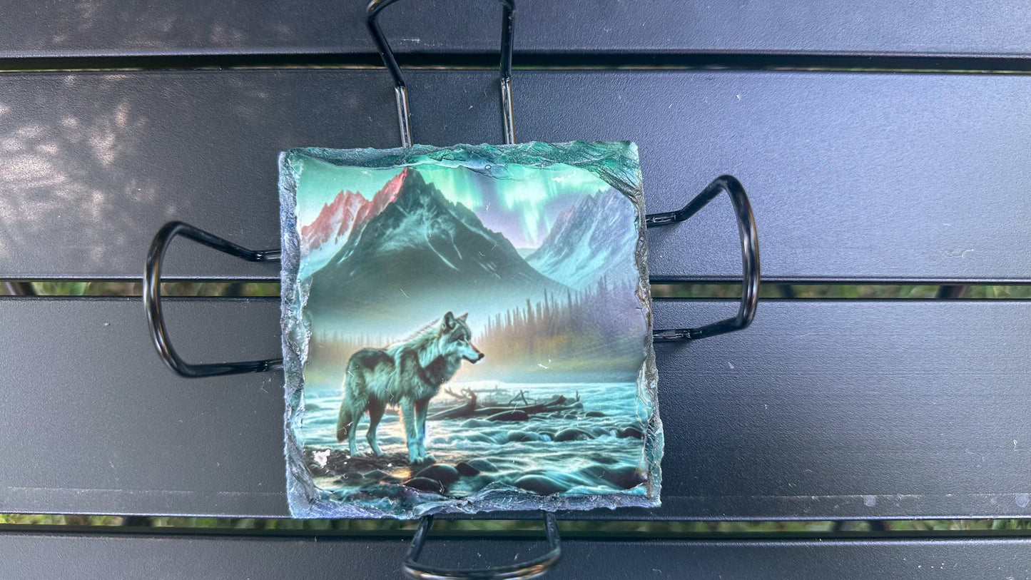 Northern Lights Wolf Coaster Set - 4 Slate Coasters for Wolf Lovers