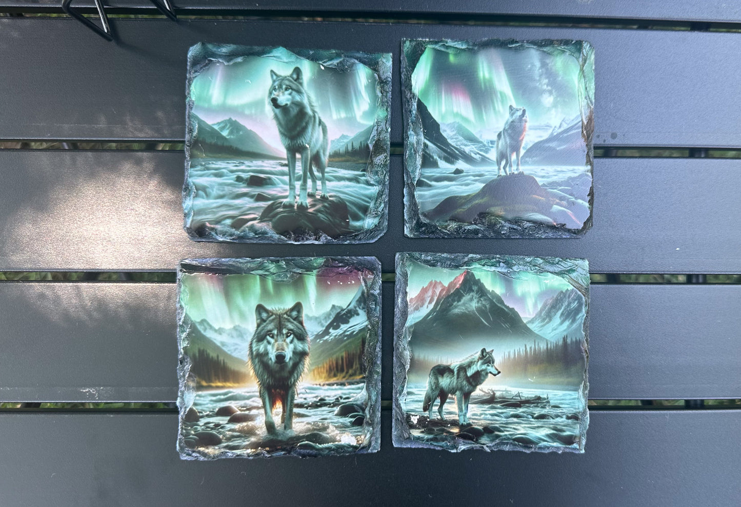 Northern Lights Wolf Coaster Set - 4 Slate Coasters for Wolf Lovers