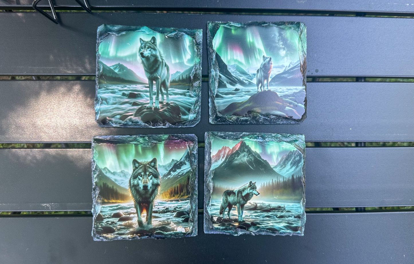 Northern Lights Wolf Coaster Set - 4 Slate Coasters for Wolf Lovers