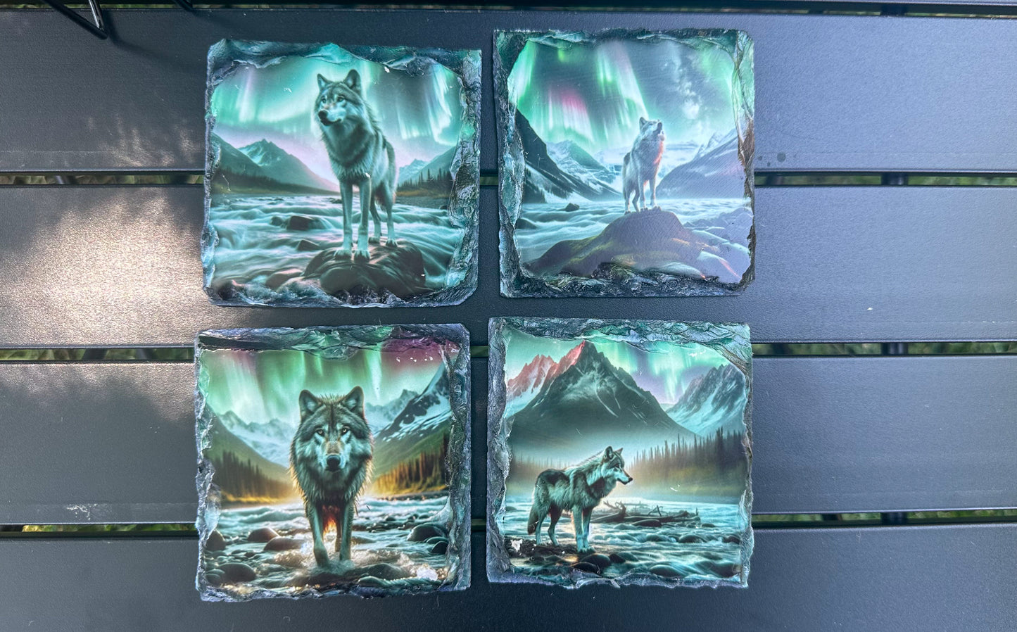 Northern Lights Wolf Coaster Set - 4 Slate Coasters for Wolf Lovers