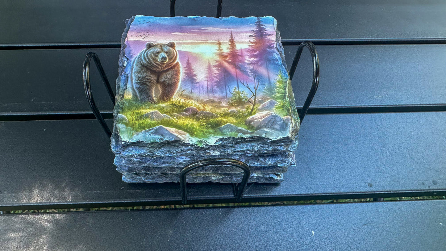 Bear Sunset Coaster Set - Set of 4 Slate Coasters for Bear Lovers