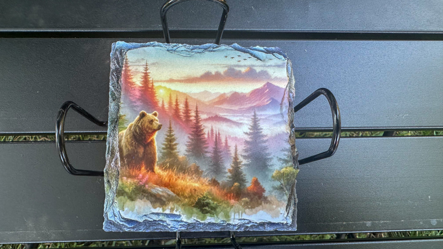 Bear Sunset Coaster Set - Set of 4 Slate Coasters for Bear Lovers