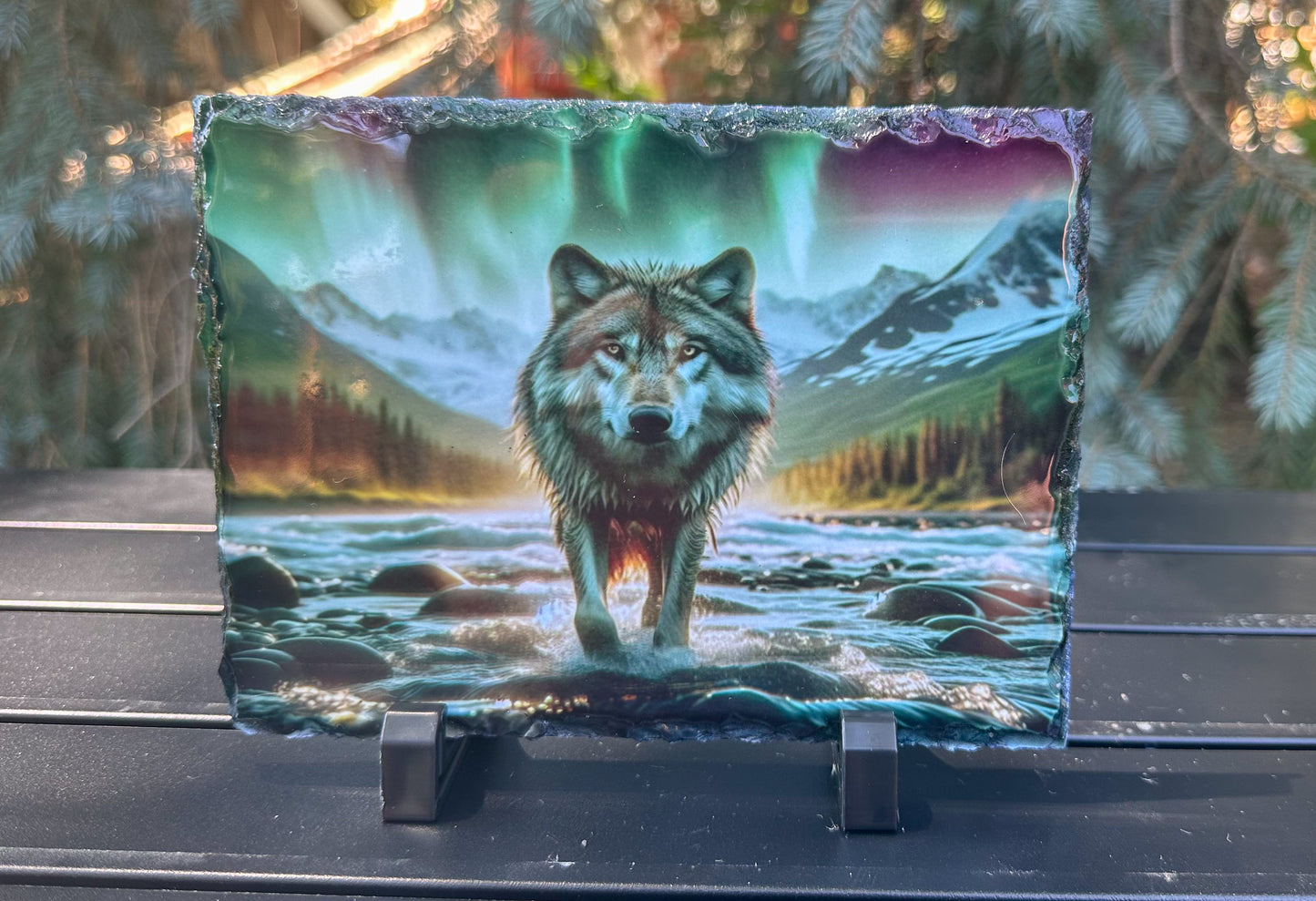 Wolf in River Under Northern Lights - Perfect Gift for Wolf Lovers