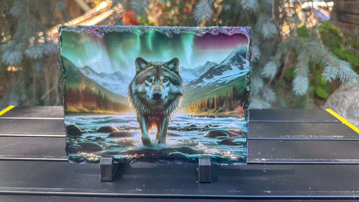 Wolf in River Under Northern Lights - Perfect Gift for Wolf Lovers