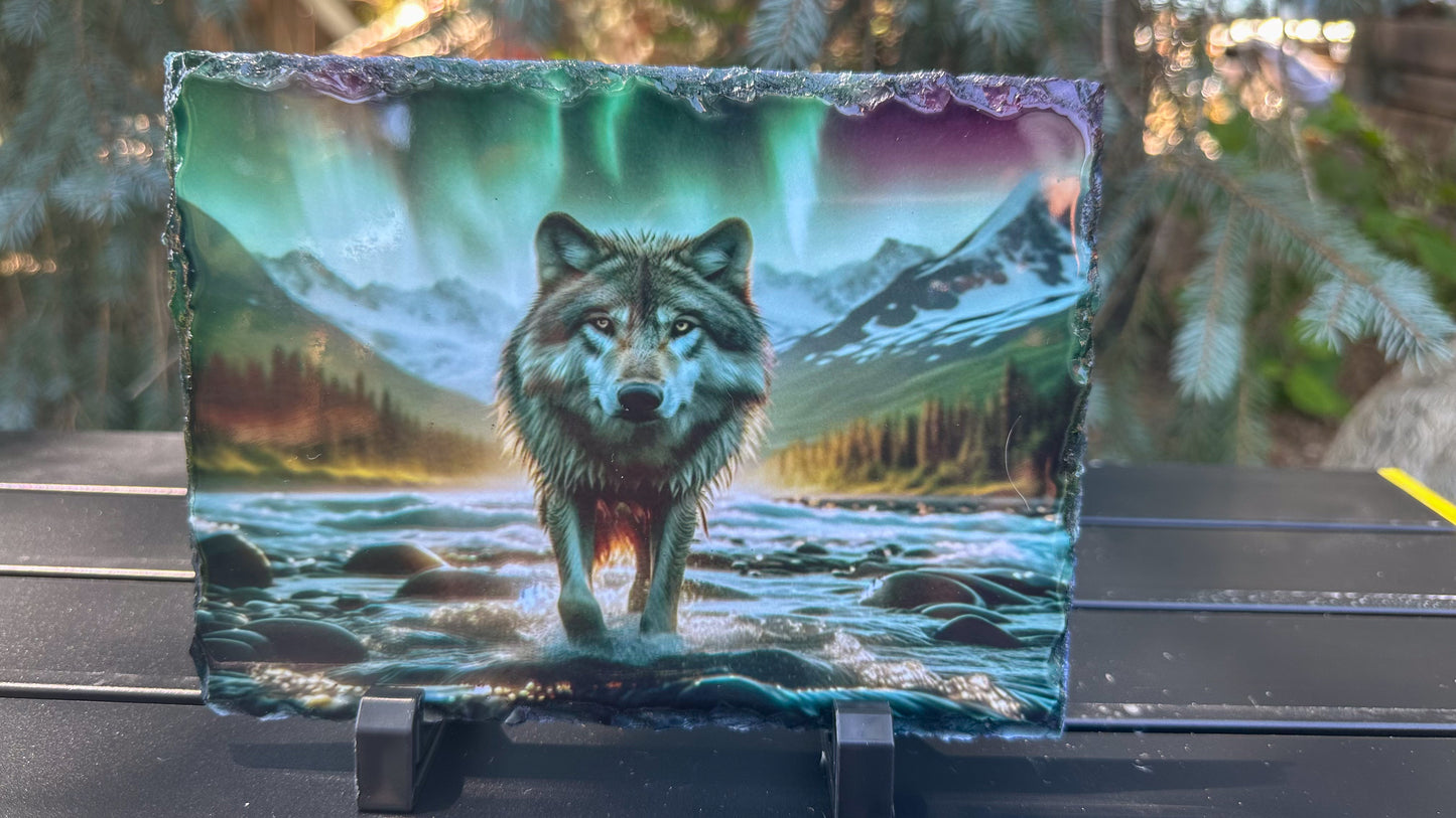 Wolf in River Under Northern Lights - Perfect Gift for Wolf Lovers