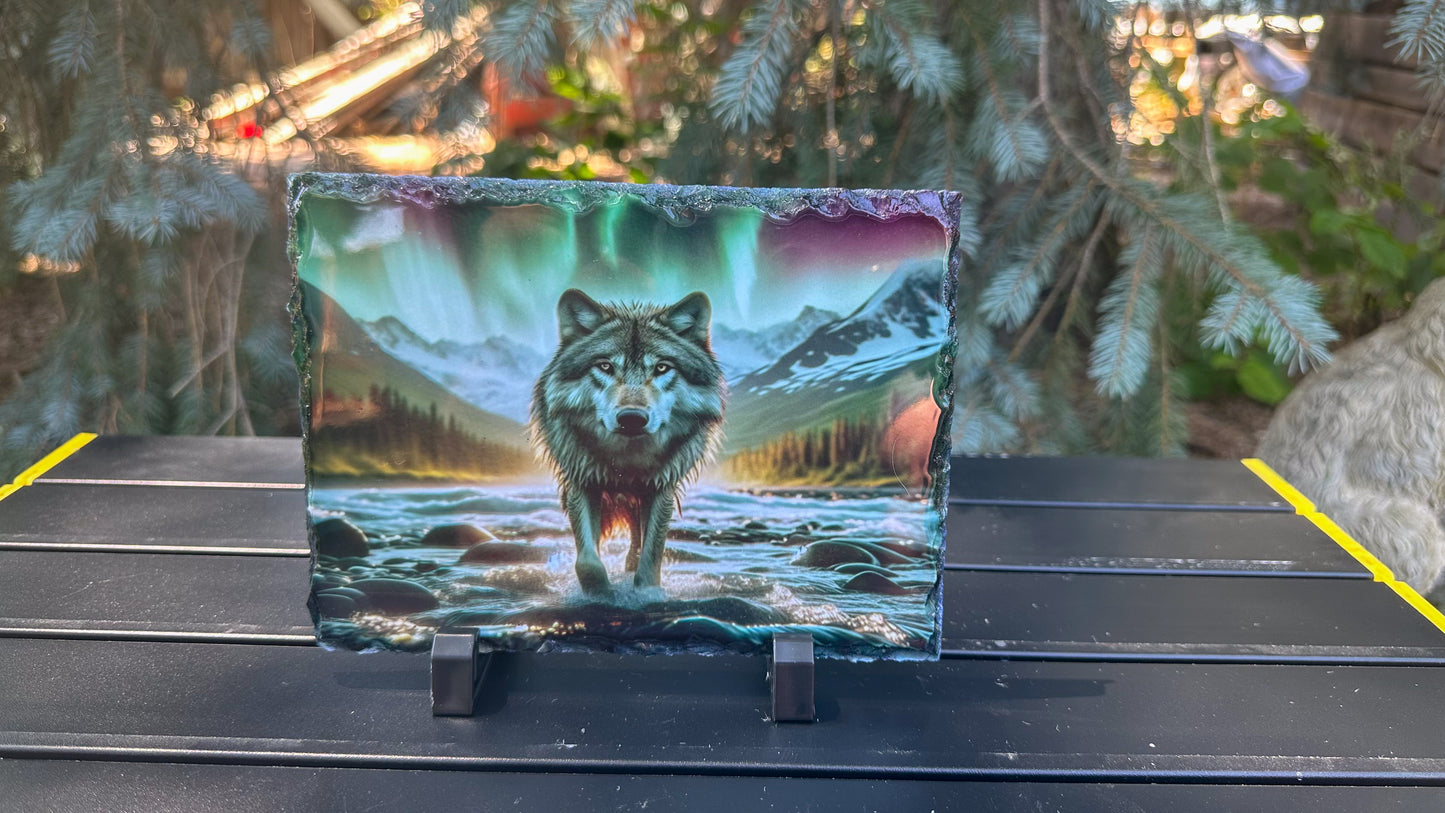 Wolf in River Under Northern Lights - Perfect Gift for Wolf Lovers