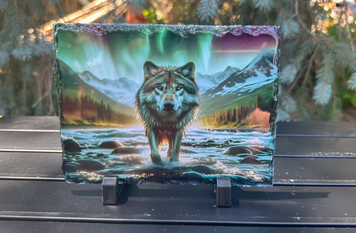 Wolf in River Under Northern Lights - Perfect Gift for Wolf Lovers
