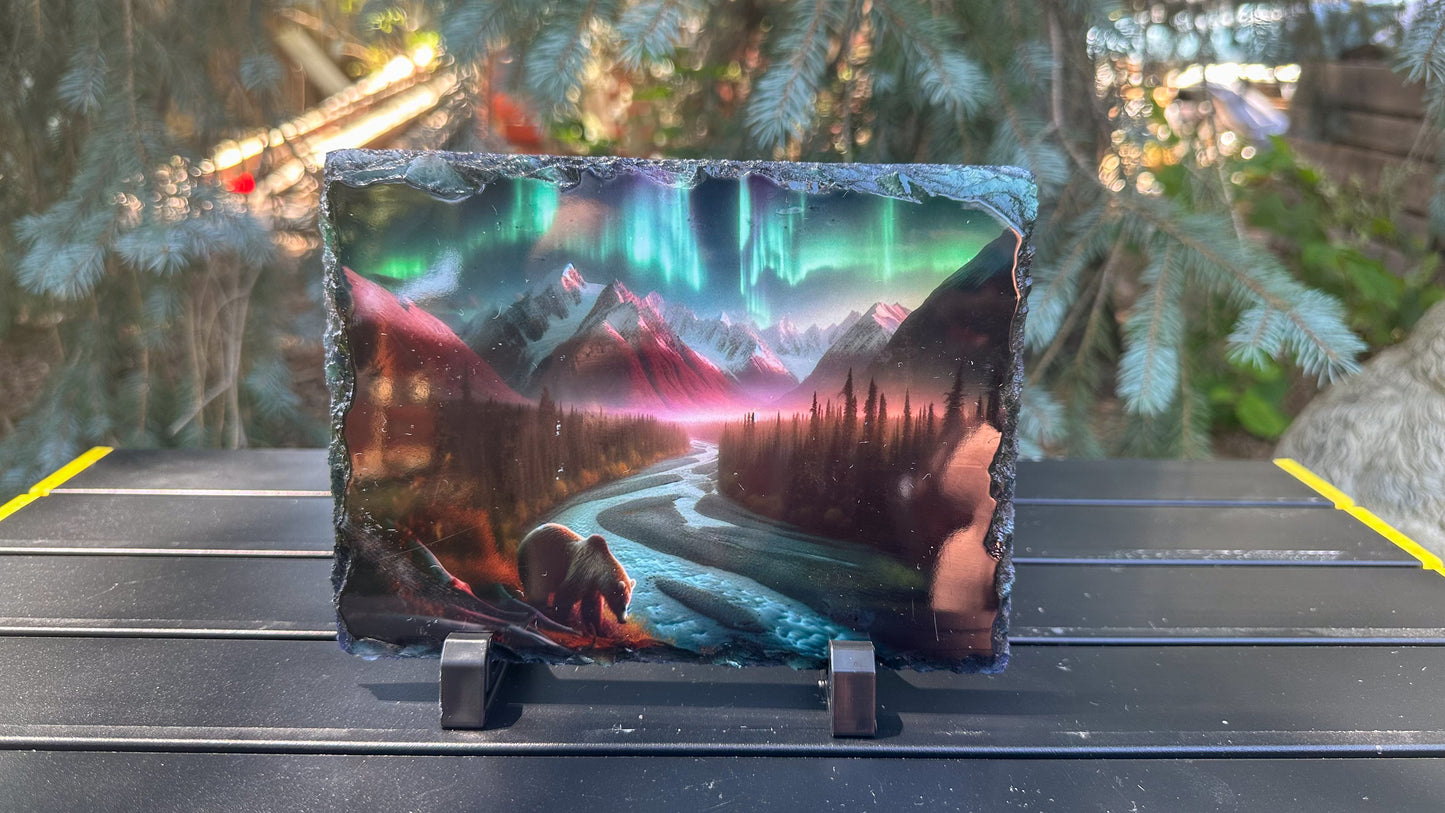 Bear Walking Through River Under Northern Lights Decorative Plaque - Perfect Gift for Bear Lovers