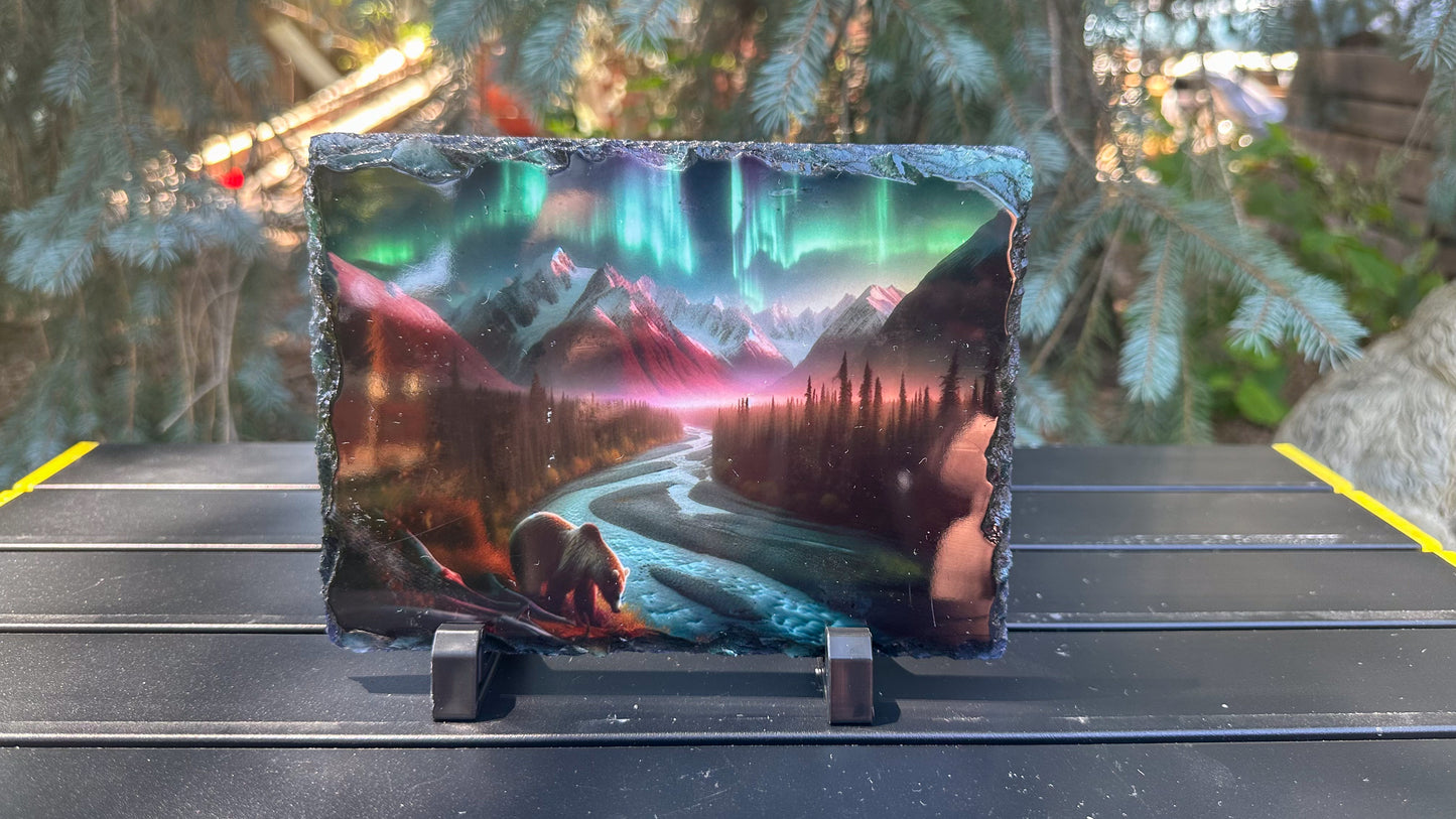 Bear Walking Through River Under Northern Lights Decorative Plaque - Perfect Gift for Bear Lovers