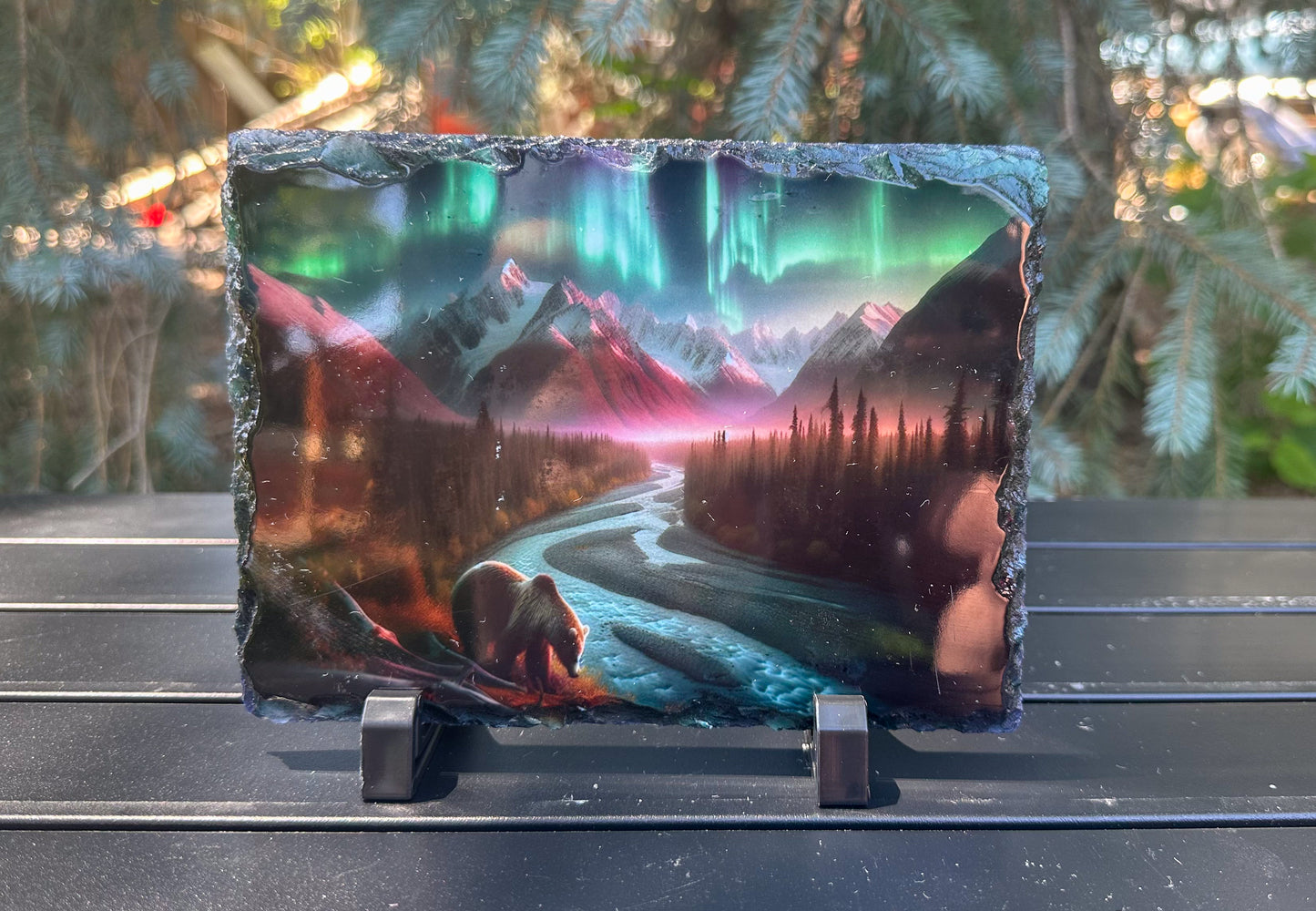 Bear Walking Through River Under Northern Lights Decorative Plaque - Perfect Gift for Bear Lovers