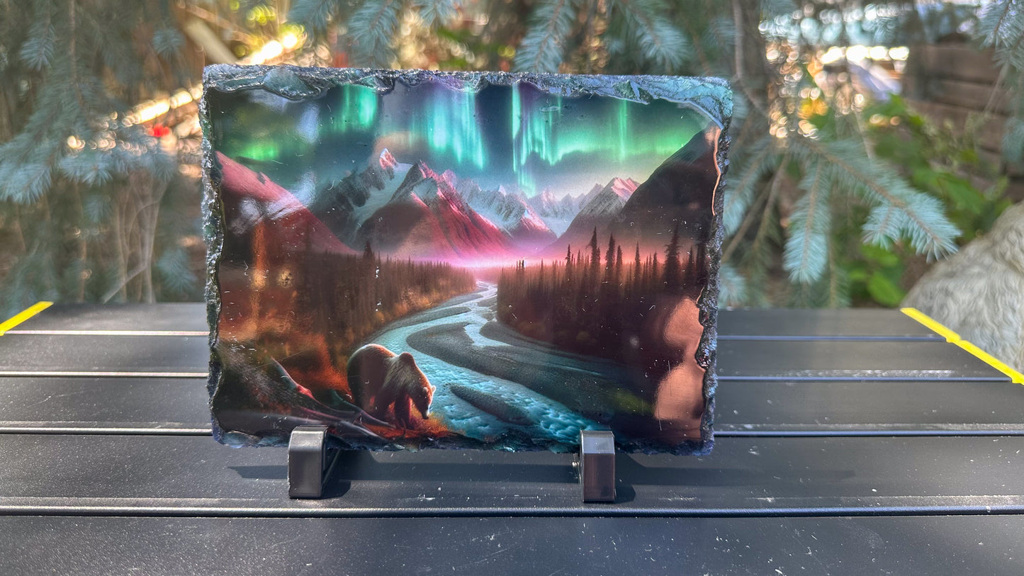 Bear Walking Through River Under Northern Lights Decorative Plaque - Perfect Gift for Bear Lovers