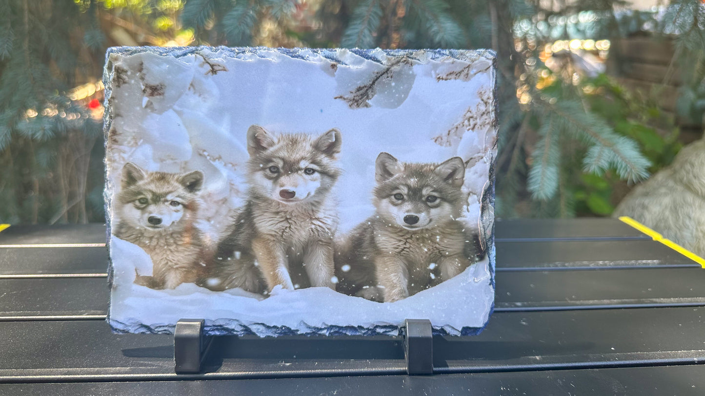 Winter Wolf Cubs Decorative Slate Plaque - Perfect Gift for Wolf Lovers